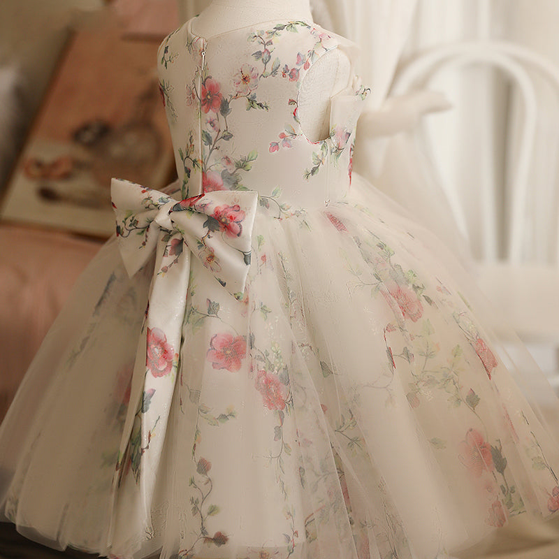 White A-line Tulle Flower Girl Dress with Floral Detail