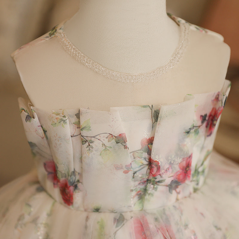 White A-line Tulle Flower Girl Dress with Floral Detail