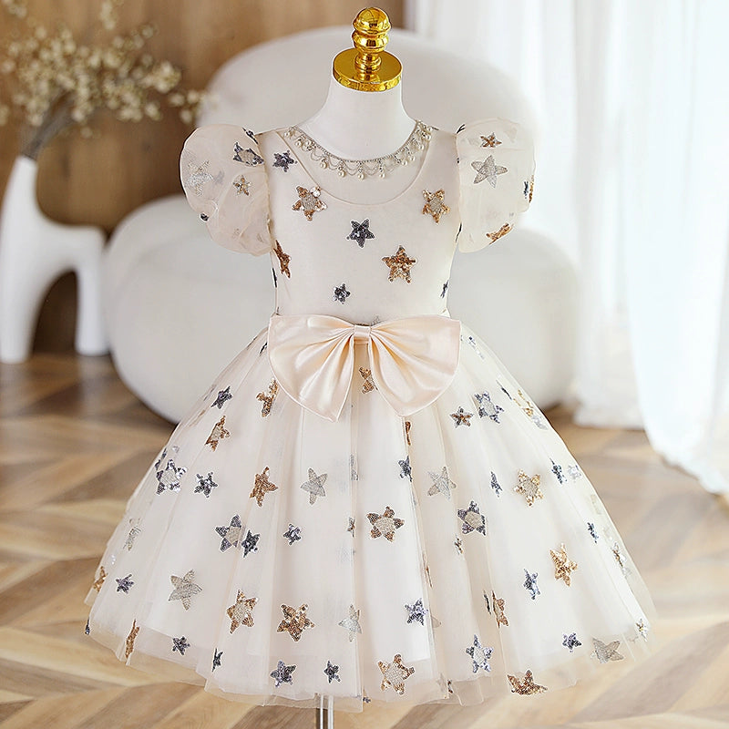 White Ball Gown Knee Length Girls Dress with Sequins and Bow - Special Occasion