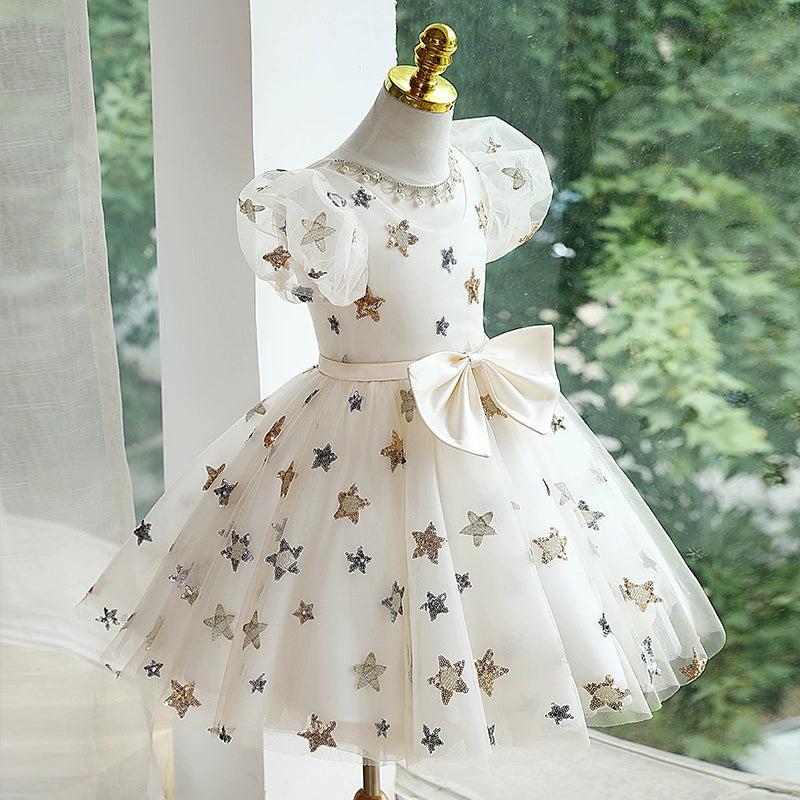 White Ball Gown Knee Length Girls Dress with Sequins and Bow - Special Occasion