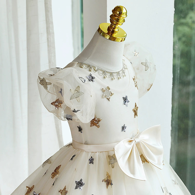 White Ball Gown Knee Length Girls Dress with Sequins and Bow - Special Occasion