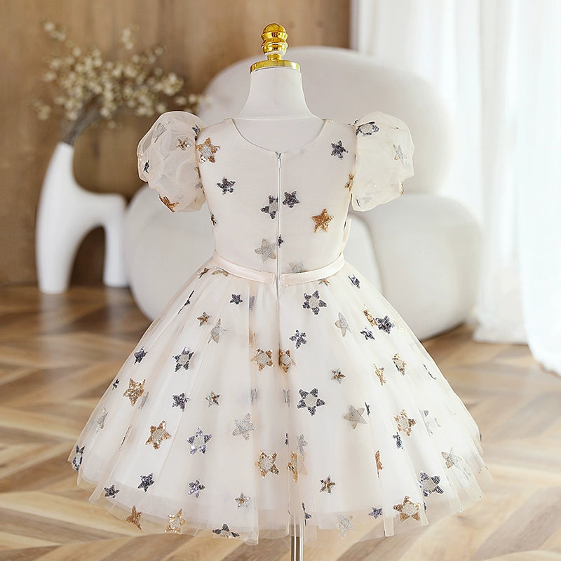 White Ball Gown Knee Length Girls Dress with Sequins and Bow - Special Occasion