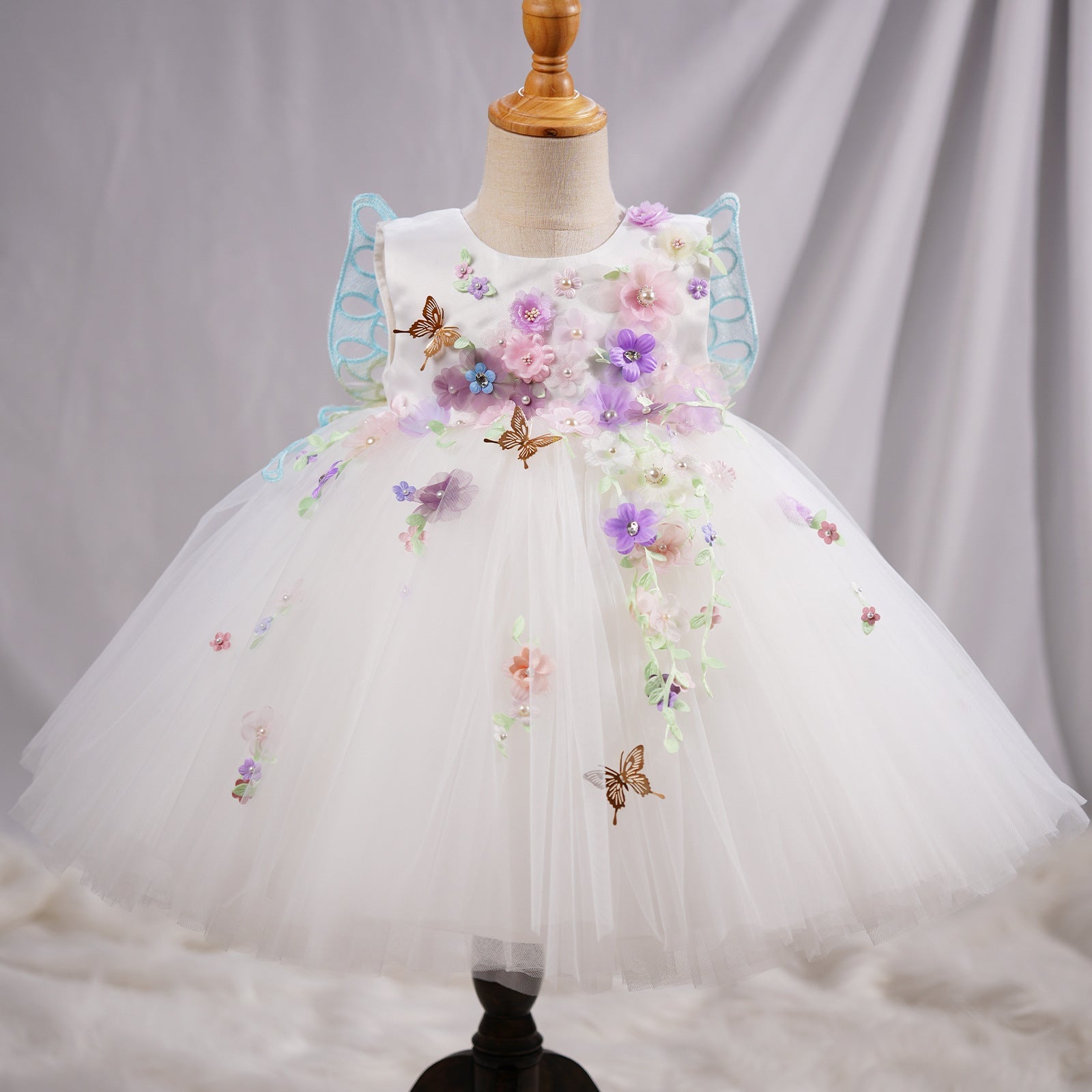 White Floral A-Line Princess Flower Girl Dress with Flowers & Beads Mia Princess White Floral A-Line Princess Flower Girl Dress with Flowers & Beads Mia Princess