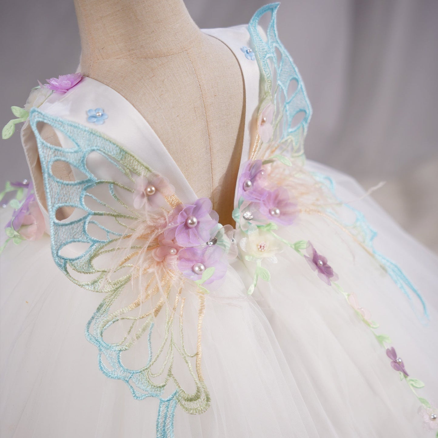 White Floral A-Line Princess Flower Girl Dress with Flowers & Beads