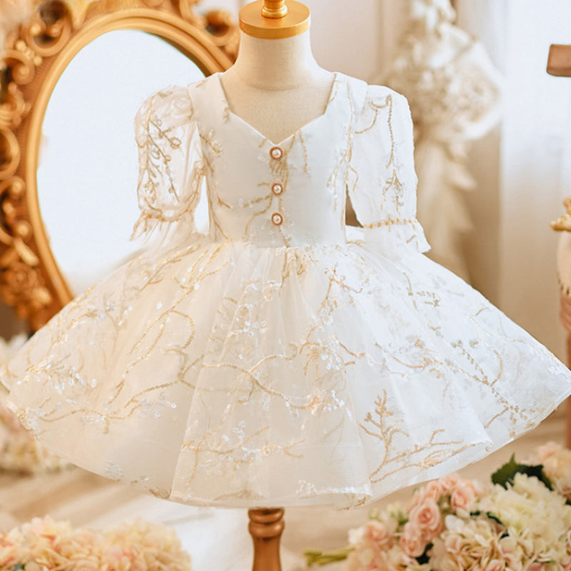 White Fluffy Baby Girl Princess Dress – Tulle, Sequin Bow, Embroidery