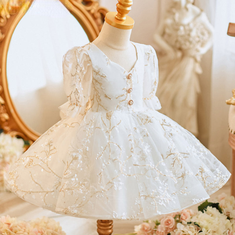 White Fluffy Baby Girl Princess Dress – Tulle, Sequin Bow, Embroidery
