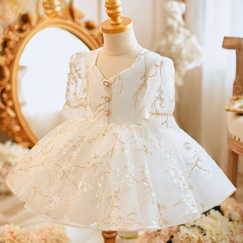 White Fluffy Baby Girl Princess Dress – Tulle, Sequin Bow, Embroidery
