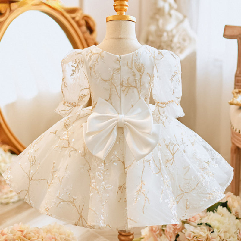 White Fluffy Baby Girl Princess Dress – Tulle, Sequin Bow, Embroidery