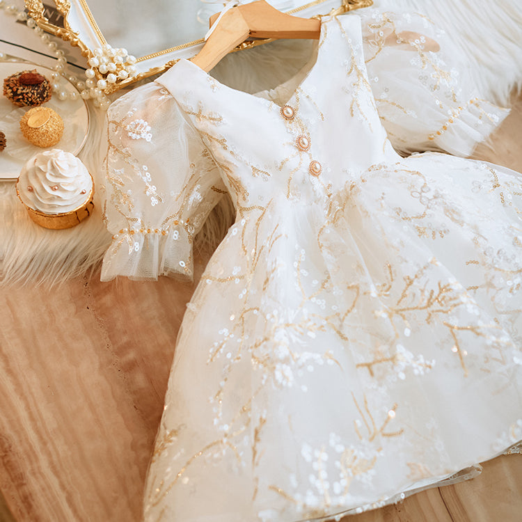 White Fluffy Baby Girl Princess Dress – Tulle, Sequin Bow, Embroidery