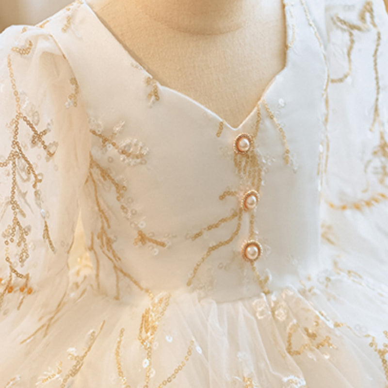 White Fluffy Baby Girl Princess Dress – Tulle, Sequin Bow, Embroidery