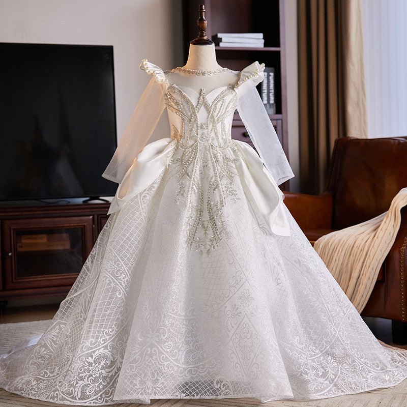 White Lace & Sequin A-Line Flower Girl Dress - Floor Length