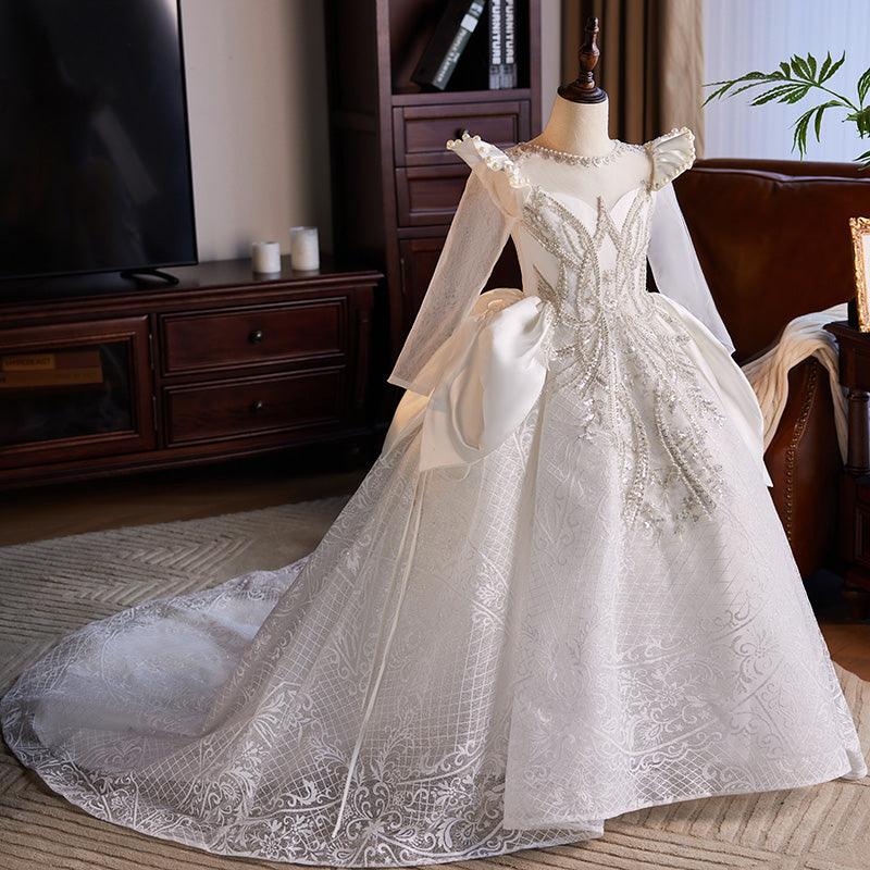 White Lace & Sequin A-Line Flower Girl Dress - Floor Length