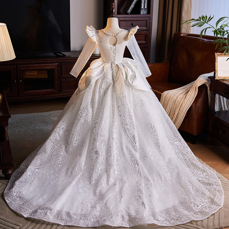 White Lace & Sequin A-Line Flower Girl Dress - Floor Length