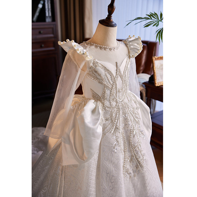 White Lace & Sequin A-Line Flower Girl Dress - Floor Length