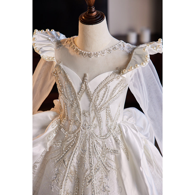 White Lace & Sequin A-Line Flower Girl Dress - Floor Length