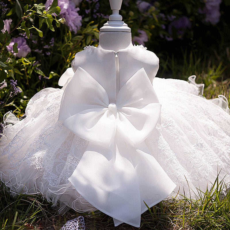 White Lace A-Line Flower Girl Dress – Tea Length