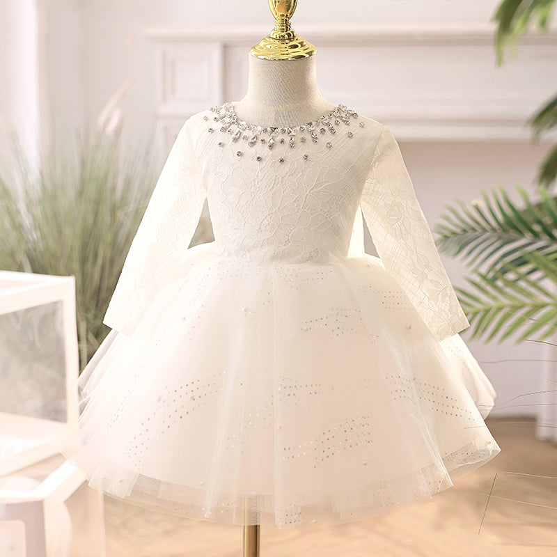 White Lace A-Line Flower Girl Dress Square Neck Long Sleeve Knee