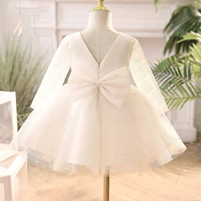 White Lace A-Line Flower Girl Dress Square Neck Long Sleeve Knee