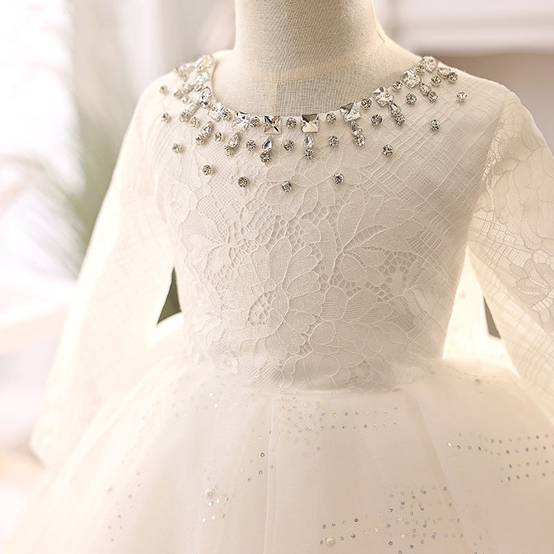White Lace A-Line Flower Girl Dress Square Neck Long Sleeve Knee