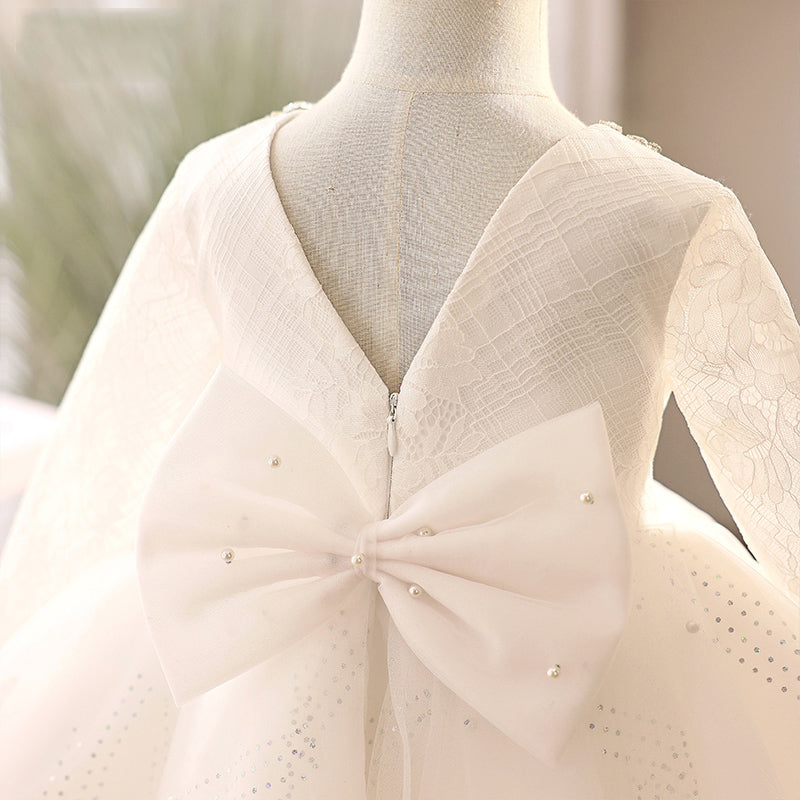 White Lace A-Line Flower Girl Dress Square Neck Long Sleeve Knee