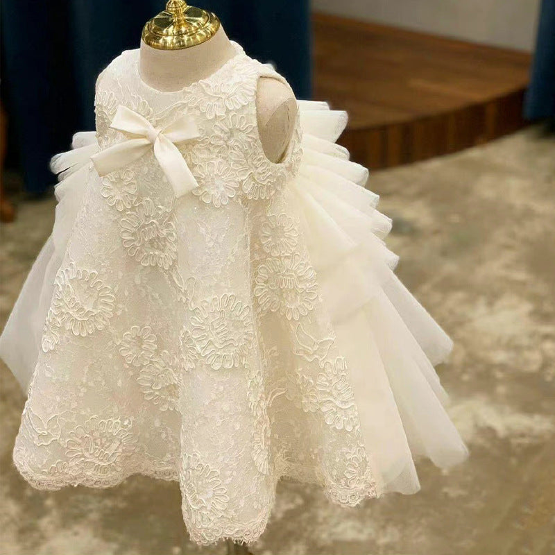 White Lace A-Line Flower Girl Dress - Tea Length Elegance