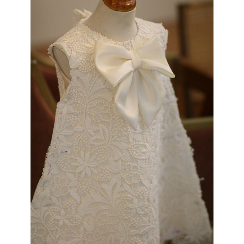 White Lace A-Line Flower Girl Dress - Tea Length Elegance