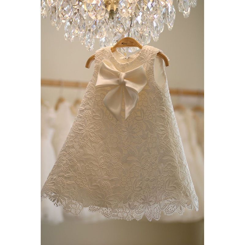 White Lace A-Line Flower Girl Dress - Tea Length Elegance