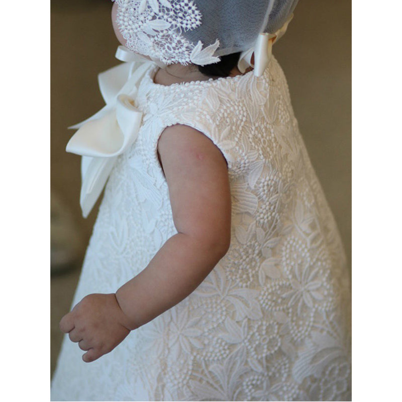 White Lace A-Line Flower Girl Dress - Tea Length Elegance