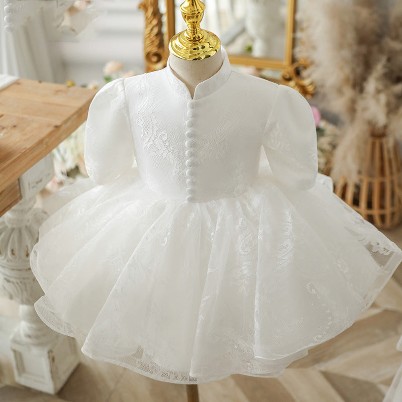 White Lace A-Line Flower Girl Dress with Puff Half Sleeves