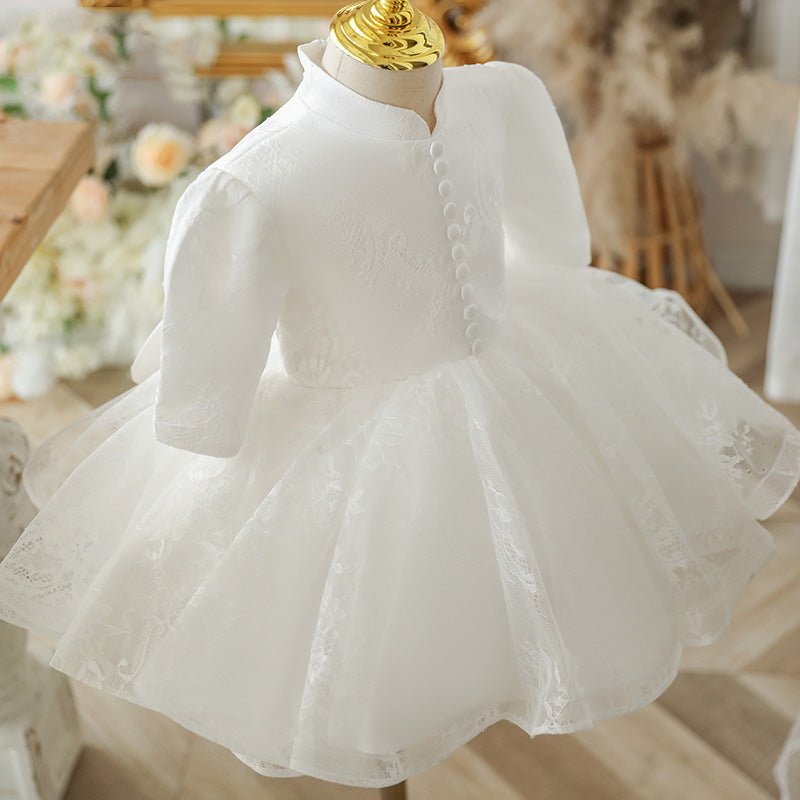 White Lace A-Line Flower Girl Dress with Puff Half Sleeves