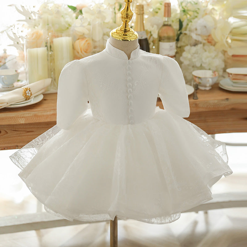White Lace A-Line Flower Girl Dress with Puff Half Sleeves
