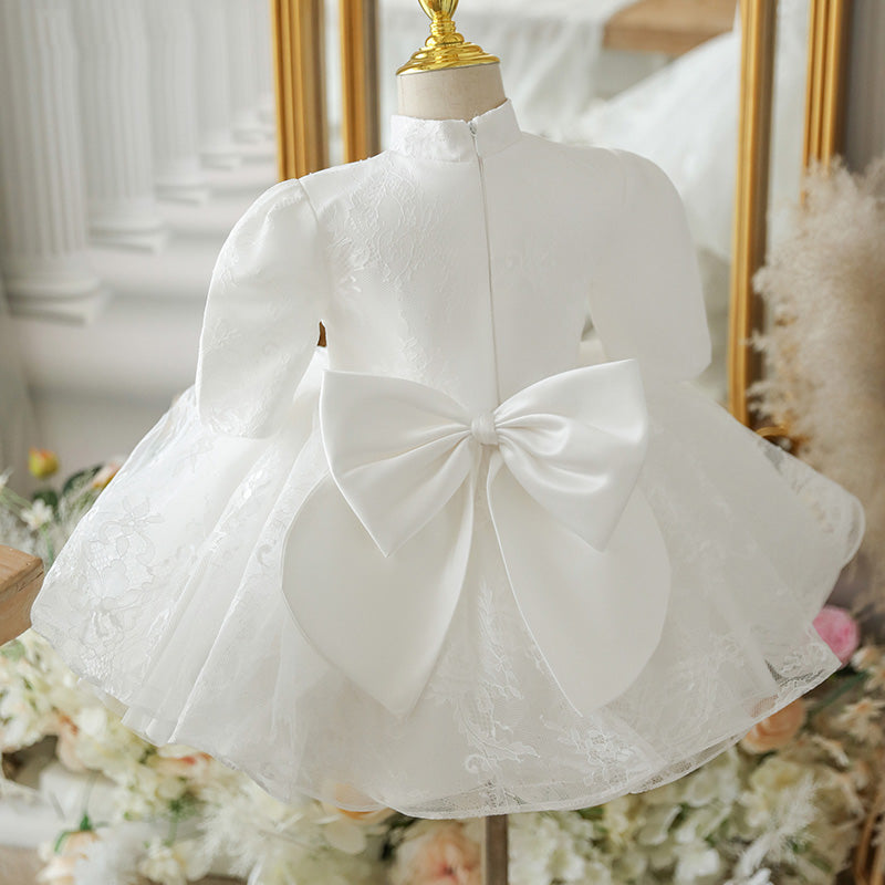 White Lace A-Line Flower Girl Dress with Puff Half Sleeves