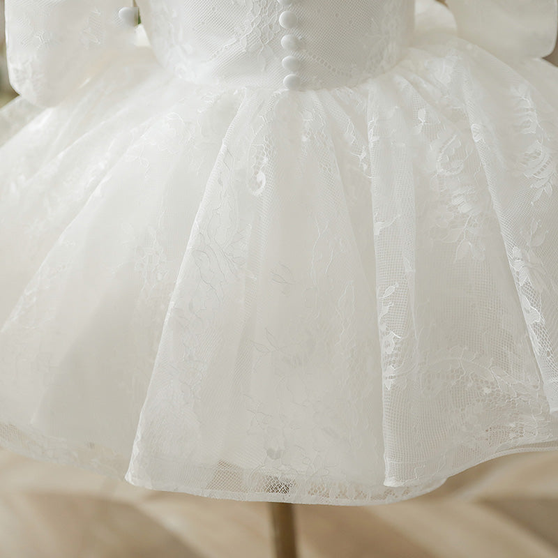 White Lace A-Line Flower Girl Dress with Puff Half Sleeves