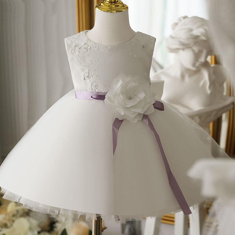 White Lace Organza Flower Girl Dress | Boat Neck