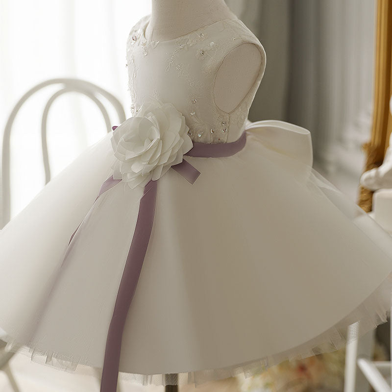 White Lace Organza Flower Girl Dress | Boat Neck
