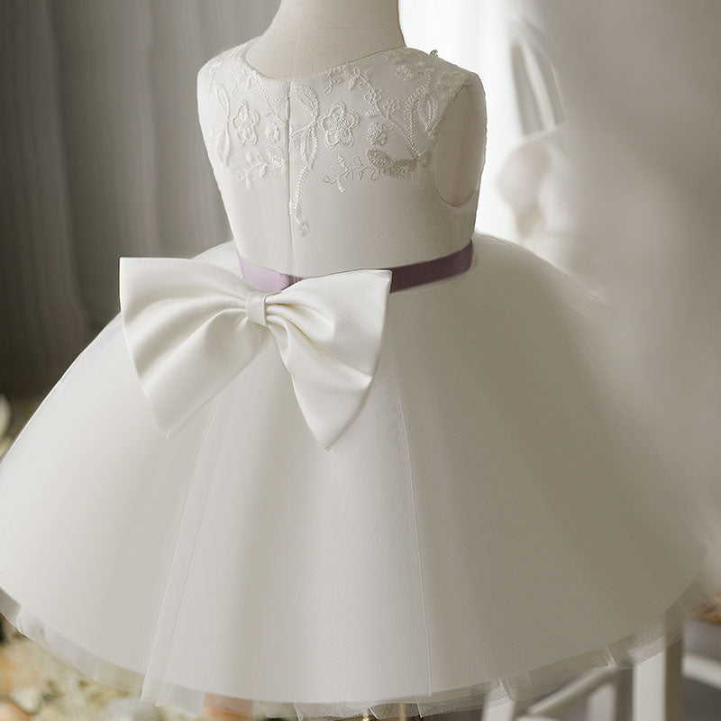 White Lace Organza Flower Girl Dress | Boat Neck