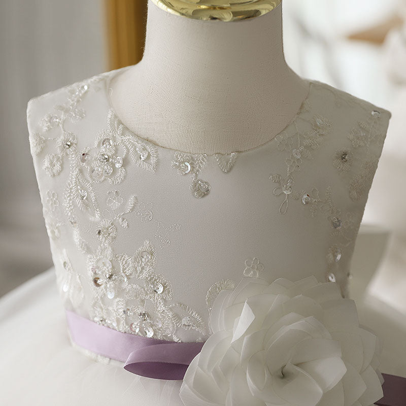 White Lace Organza Flower Girl Dress | Boat Neck
