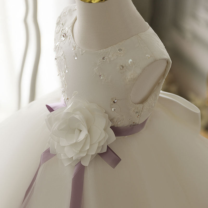 White Lace Organza Flower Girl Dress | Boat Neck