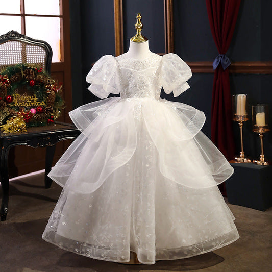 White Lace Organza Flower Girl Dress | Sequin Accents