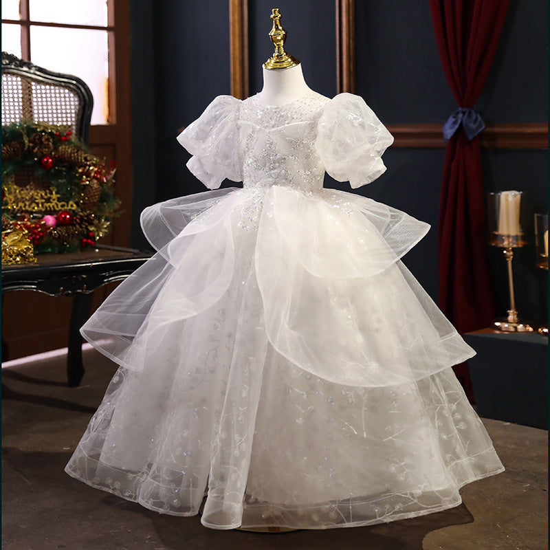 White Lace Organza Flower Girl Dress | Sequin Accents