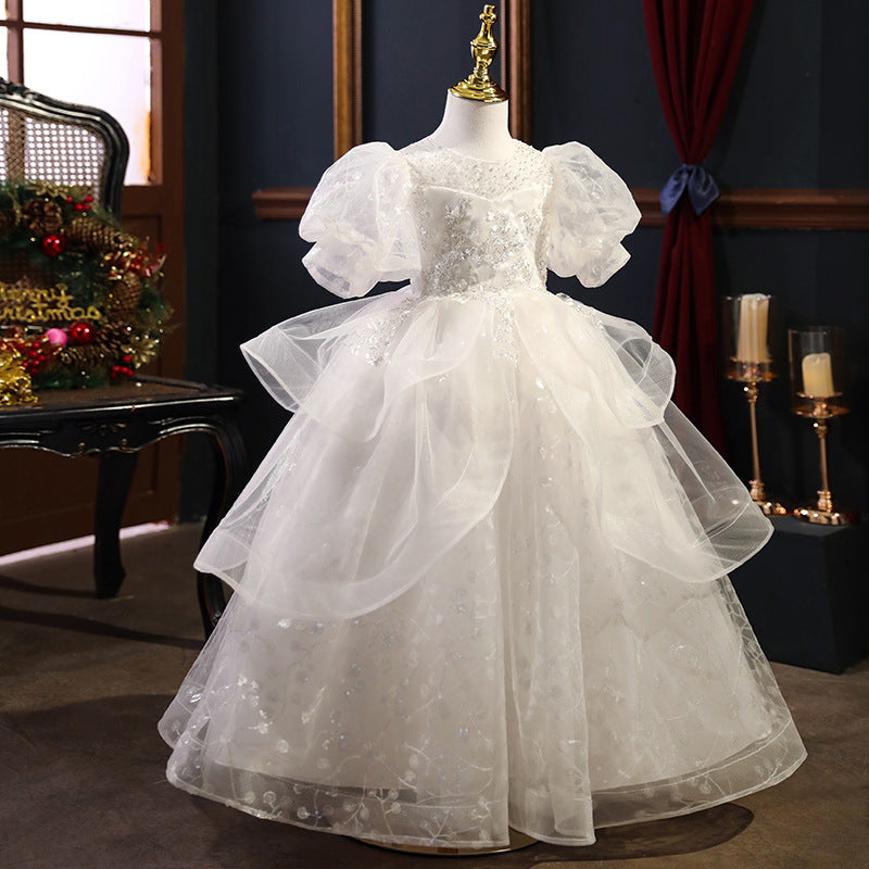 White Lace Organza Flower Girl Dress | Sequin Accents