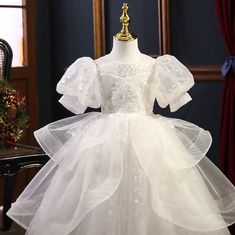 White Lace Organza Flower Girl Dress | Sequin Accents