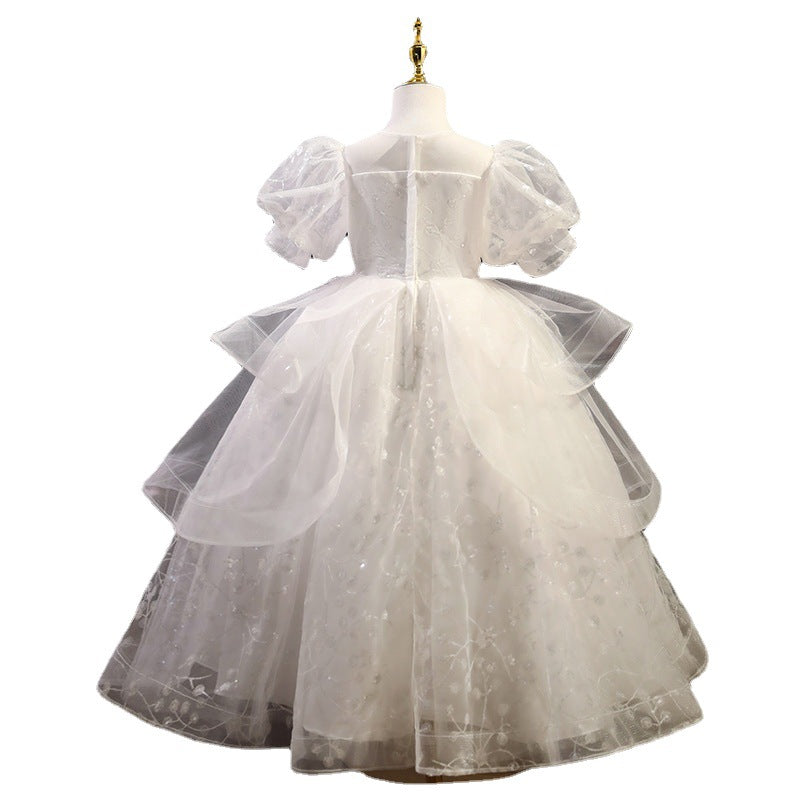 White Lace Organza Flower Girl Dress | Sequin Accents