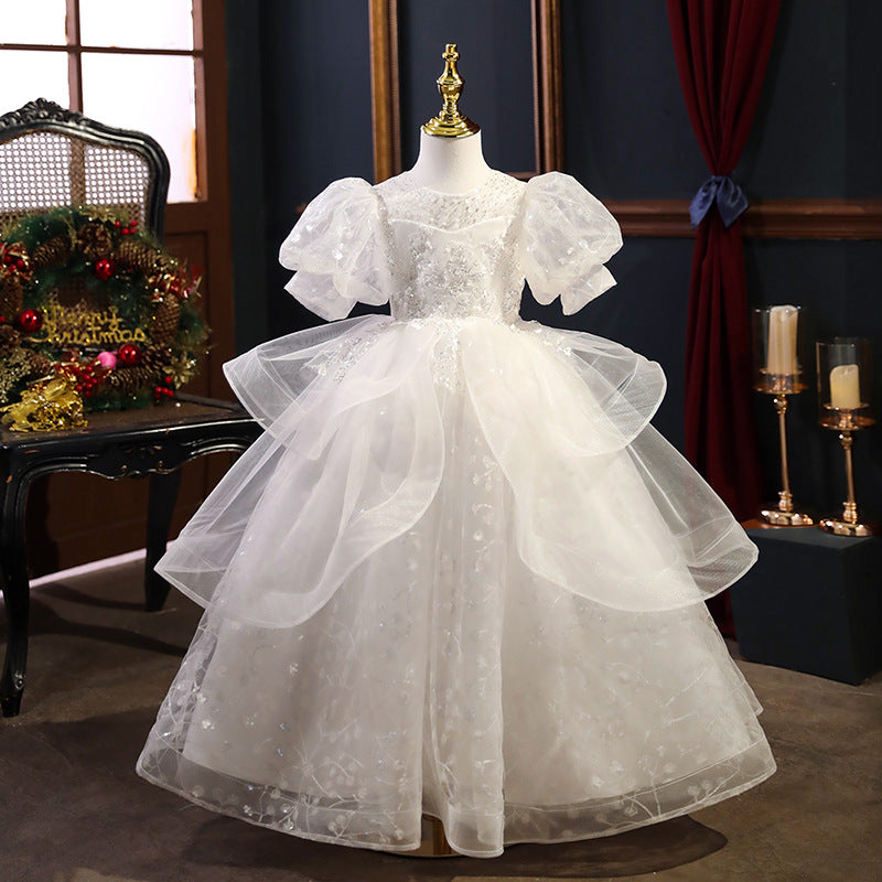 White Lace Organza Flower Girl Dress | Sequin Accents