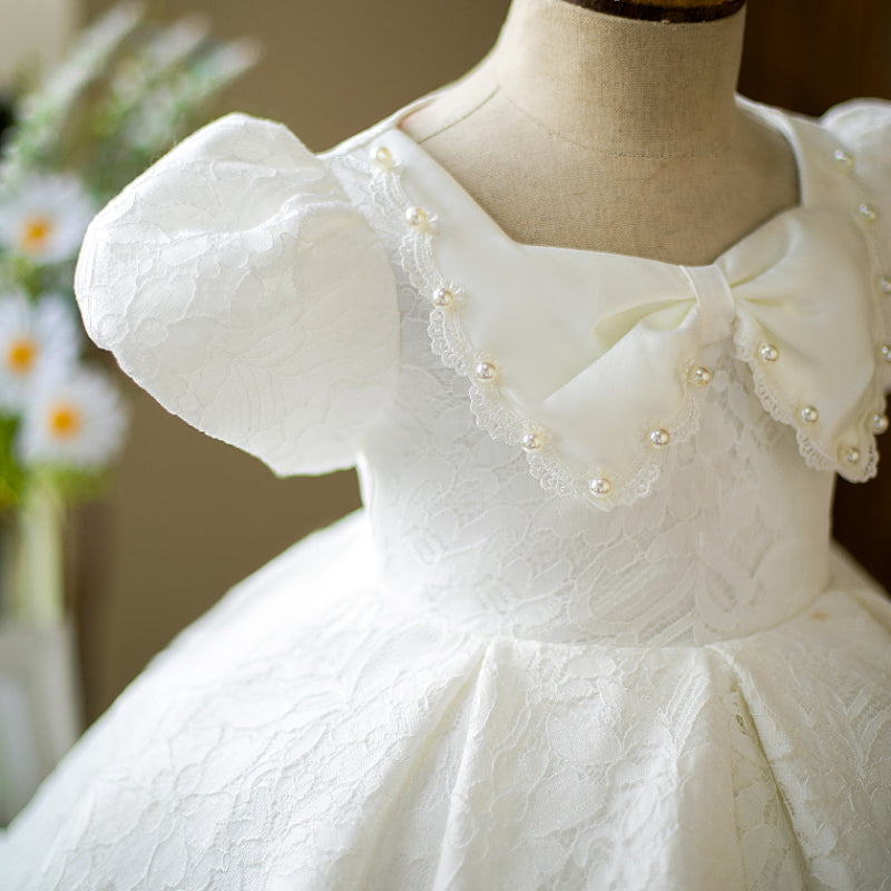 White Lace Princess Dress | Square Neck Puff Sleeves