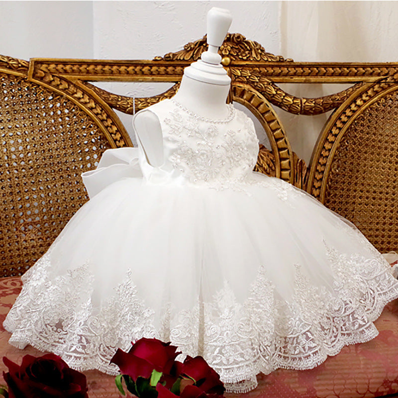 White Lace Princess Flower Girl Dress Beaded Sleeveless Tea