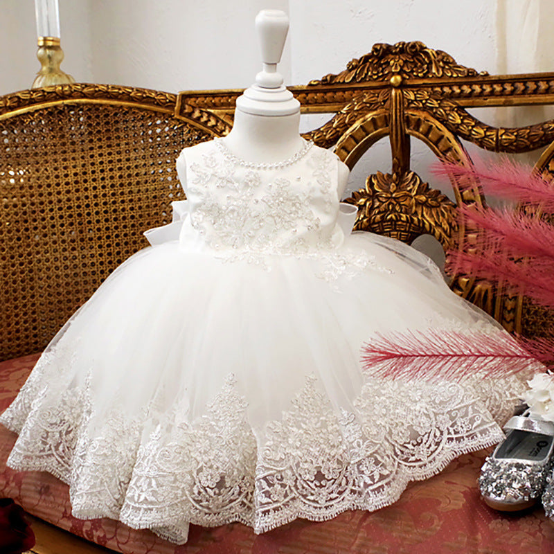 White Lace Princess Flower Girl Dress Beaded Sleeveless Tea