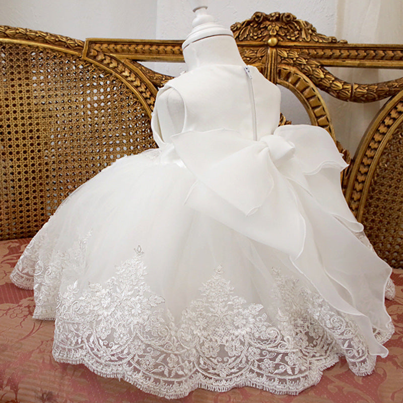 White Lace Princess Flower Girl Dress Beaded Sleeveless Tea