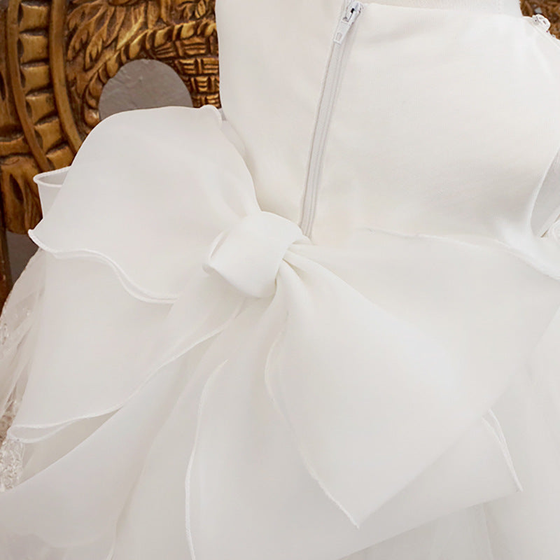 White Lace Princess Flower Girl Dress Beaded Sleeveless Tea