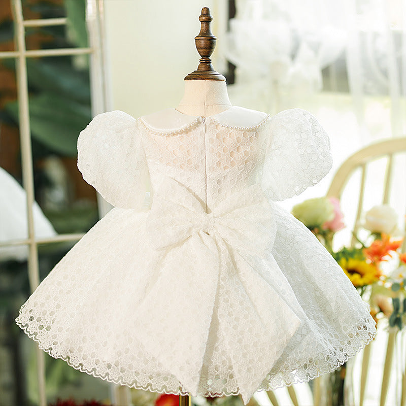 White Lace Princess Flower Girl Dress - Collared Neck